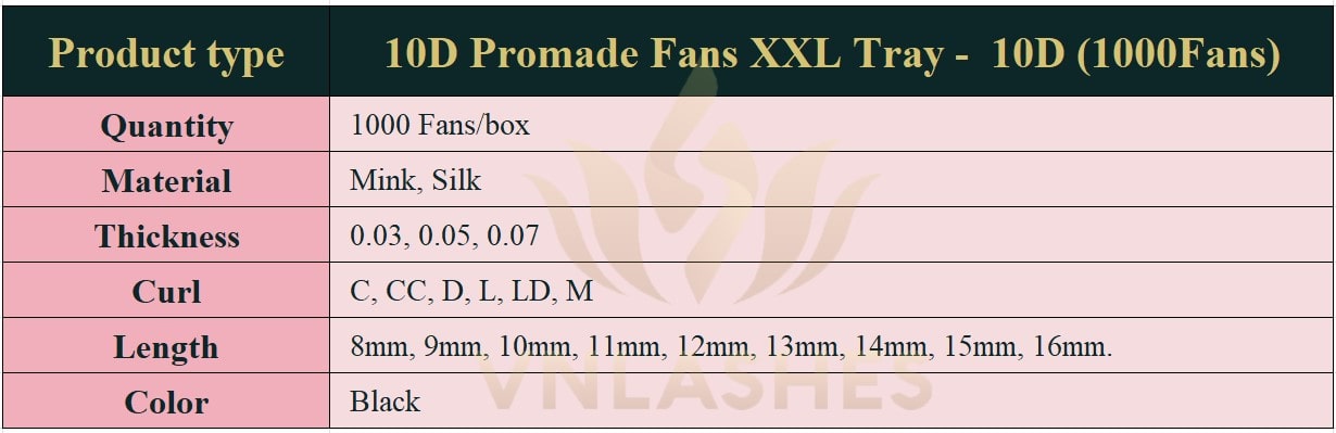 Product information Promade Fans 10D XXL Tray - 1000Fans - Premade Fans Volume Eyelash Extensions -VNLASHES