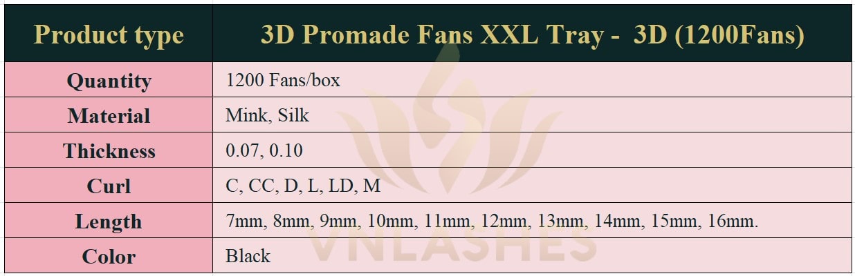 Product information Promade Fans3D XXL Tray - 1200Fans - Premade Fans Volume Eyelash Extensions -VNLASHES
