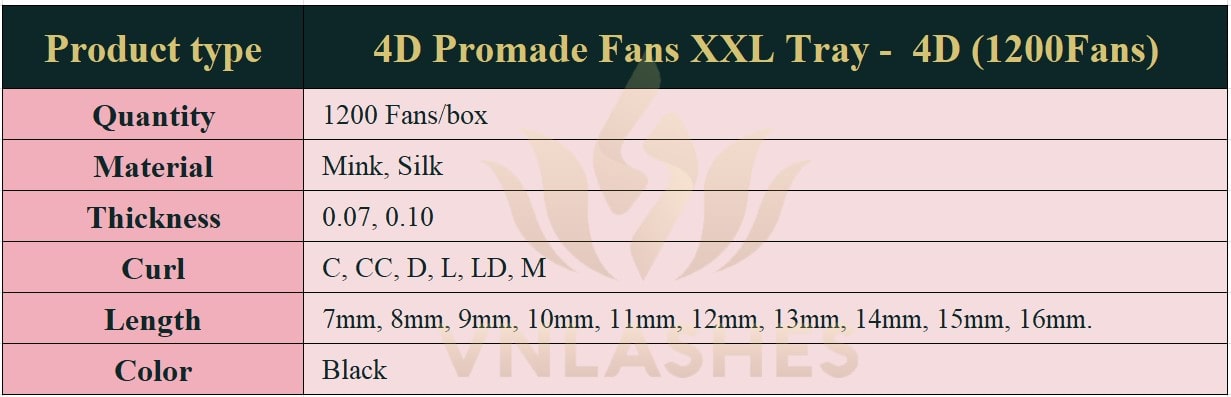 Product information Promade Fans 4D XXL Tray - 1200Fans - Premade Fans Volume Eyelash Extensions -VNLASHES