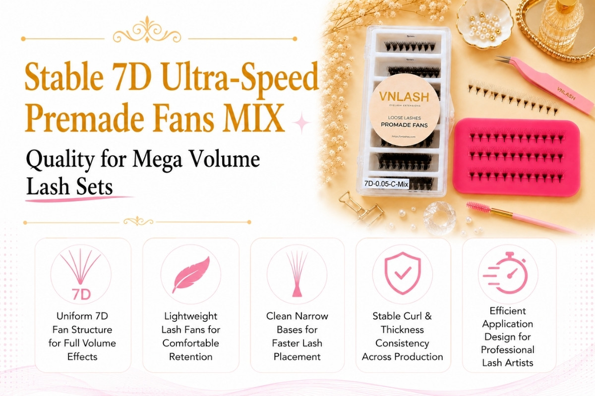 Calidad uniforme de los abanicos prefabricados 7D Ultra-Speed Mix para conjuntos de pestañas de mega volumen.
