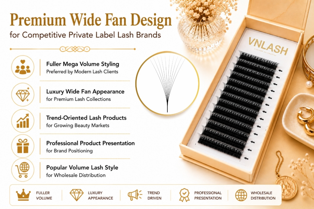 Diseño prémium de abanico ancho para marcas competitivas de pestañas de marca privada