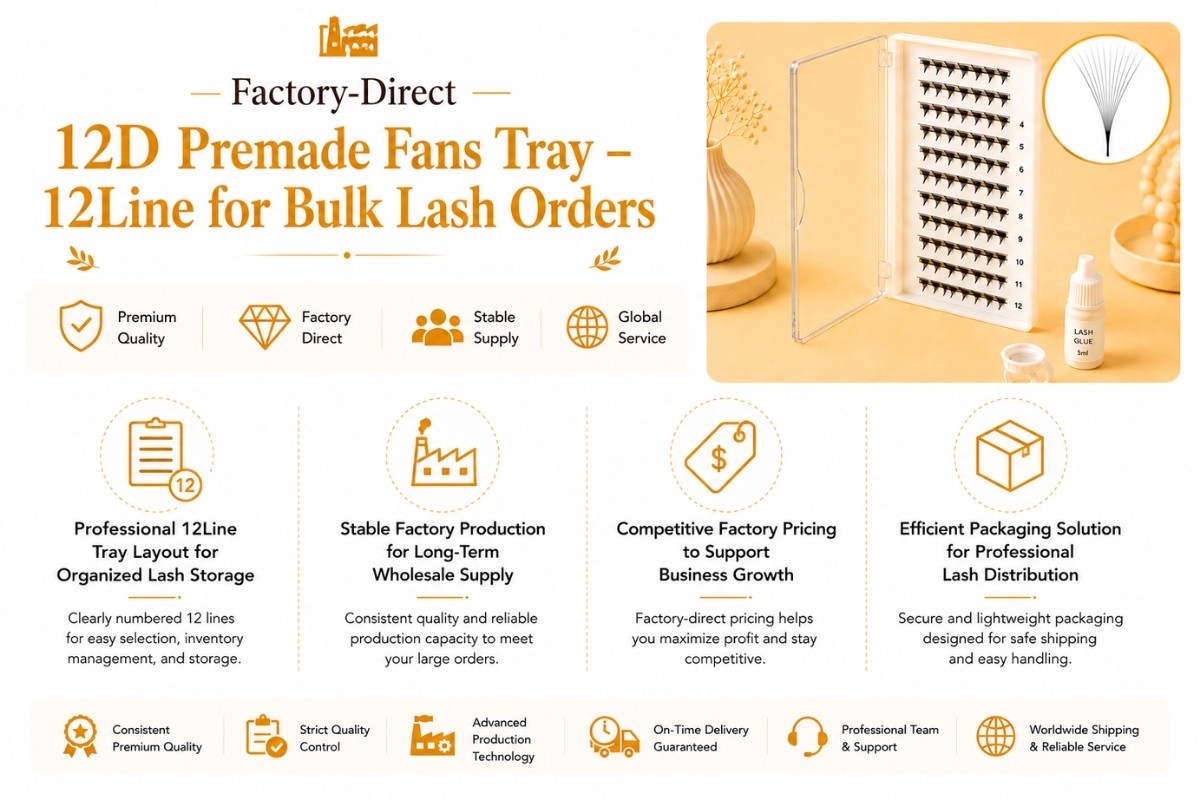 Plateau de bouquets préfabriqués 12D – 12 lignes, directement d’usine, pour commandes de cils en gros.