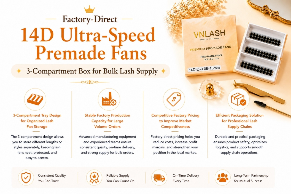 Factory-Direct 14D Ultra-Speed Premade Fans 3-Compartment Box for Bulk Lash Supply