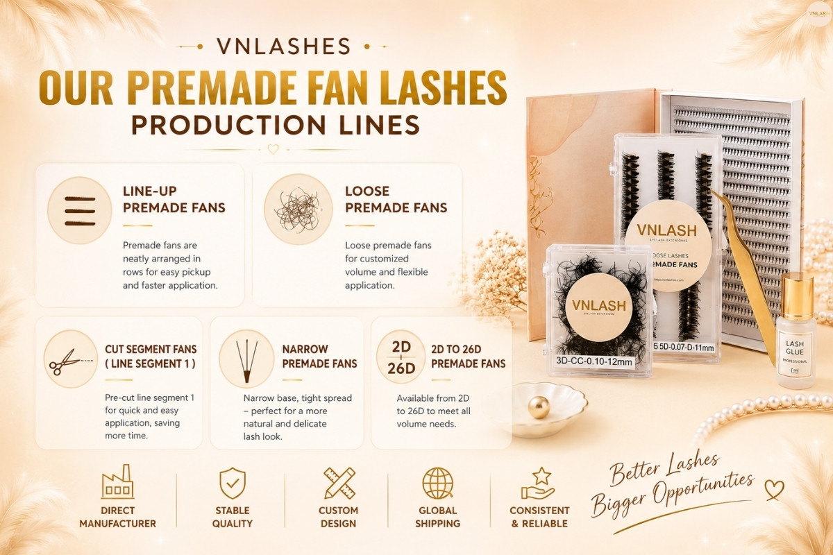 Explore VNLASHES’ complete range of premade fan lashes, available from 2D to 26D with custom manufacturing options.