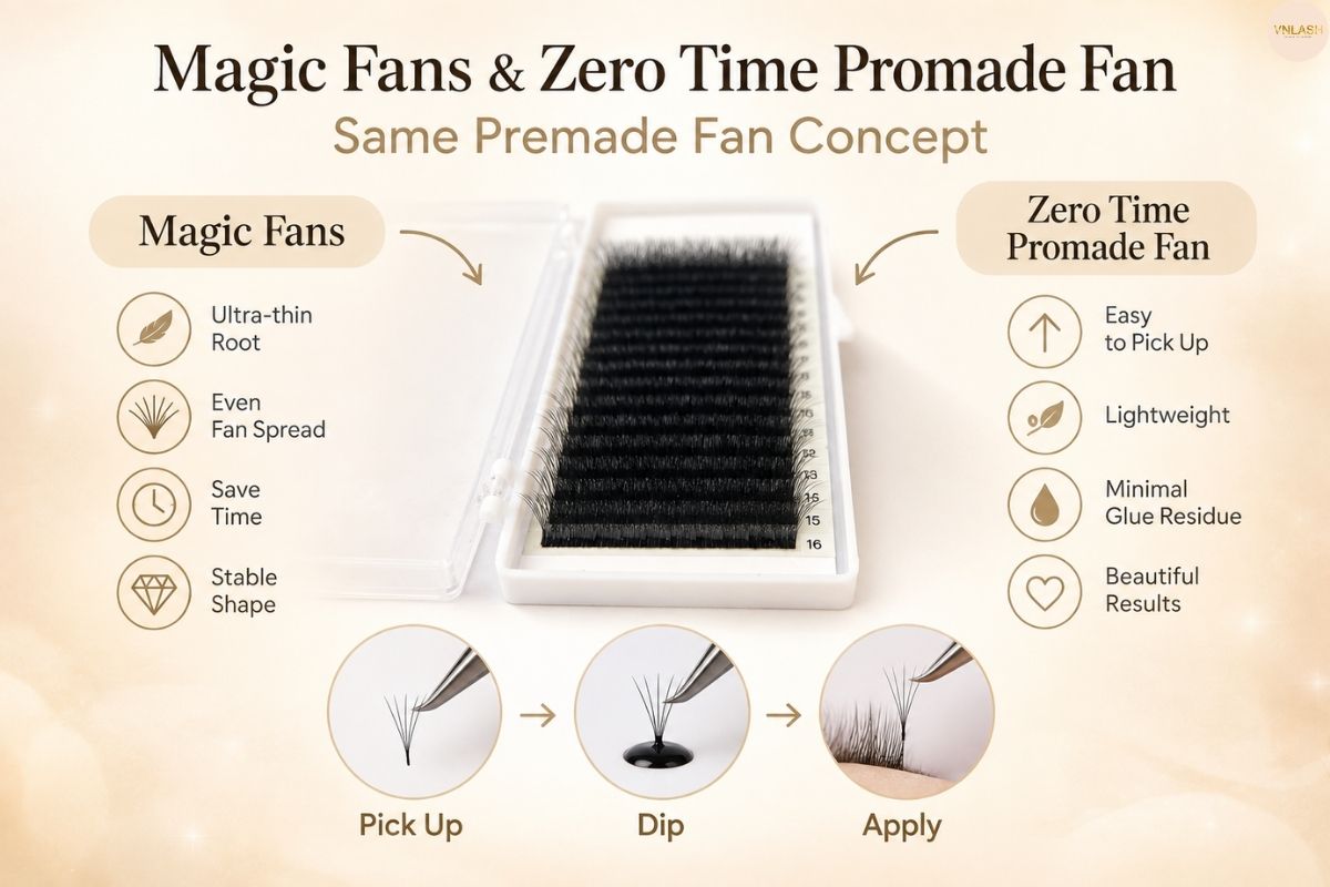 Magic Fans and Zero Time Promade Fan premade lash fans with pick up, dip and apply process