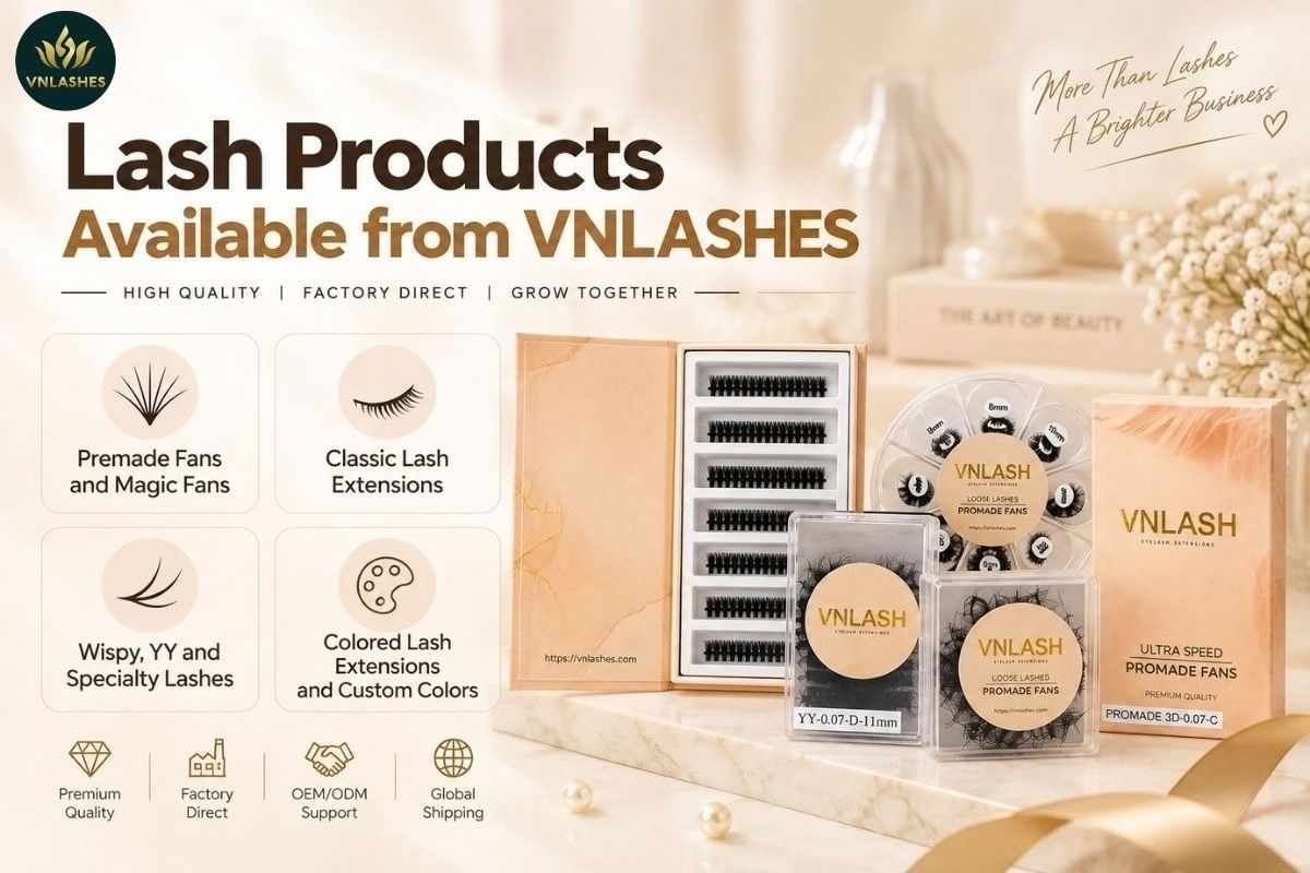 Wholesale lash extension supply with loose fans, pre-cut lines, full lines and custom brand packaging from VNLASHES