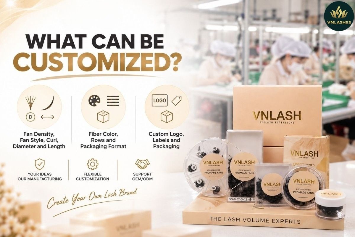 Custom lash manufacturing with personalized fan density, curl, diameter, length, fiber color, logo and packaging by VNLASHES